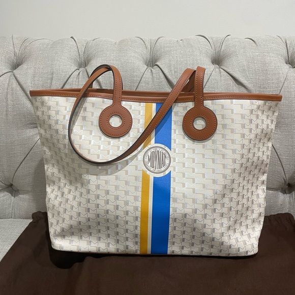 Moynat Handbags - MOYNAT Oh! tote ruban MM Griege with yellow and blue ribbon